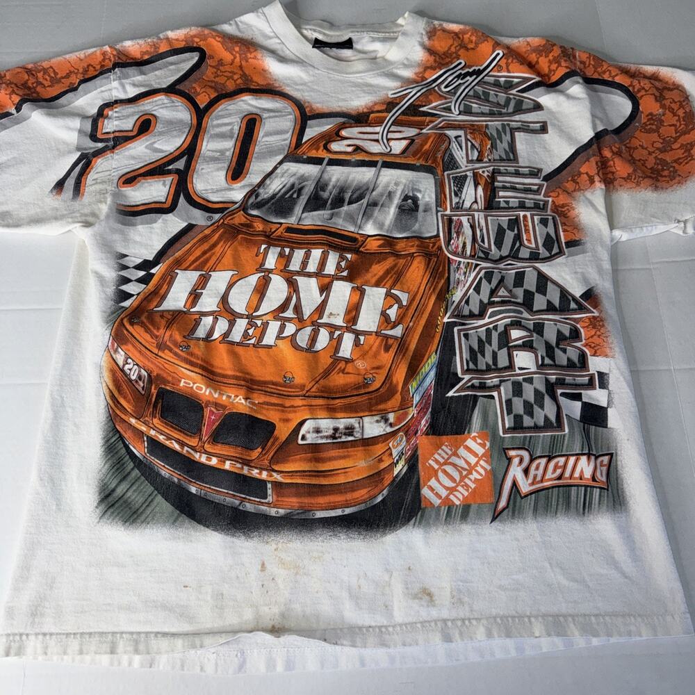 Vtg Nascar All over print TONY STEWART Home Depot 2001 Shirt Men Sz L Distress